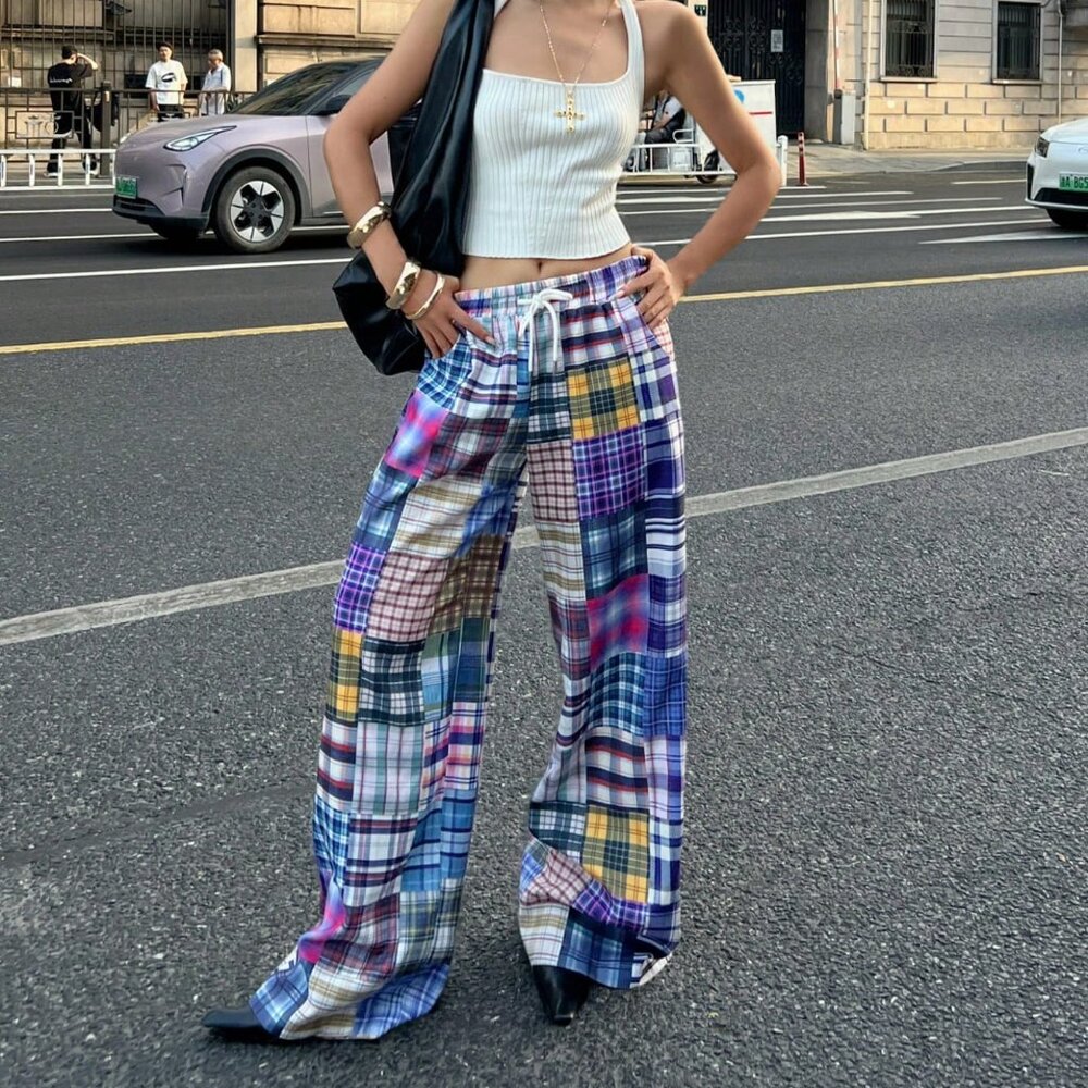 Multicolor Casual Women's Tropical Vacation Plaid Baggy Pants - Picture 5 of 5